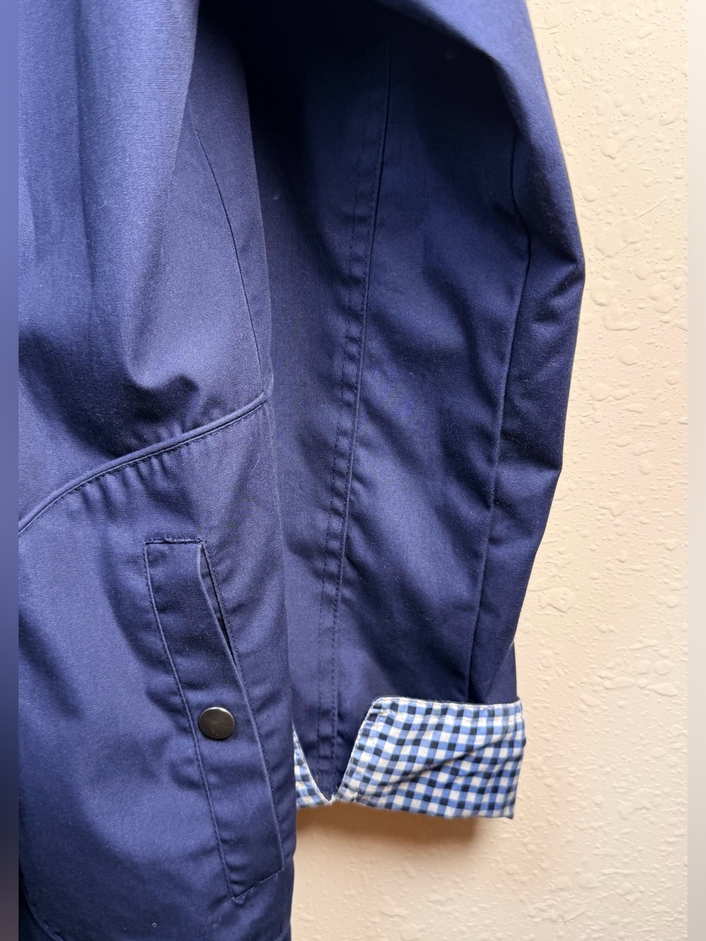 Blair Navy Blue Hooded Utility Rain Jacket Gingham Trim Coat - Picture 4 of 11